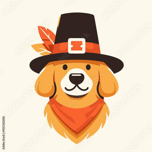 Golden Retriever Dog wear pilgrim hat in thanksgiving silhouette awaits a bountiful autumnal feast.