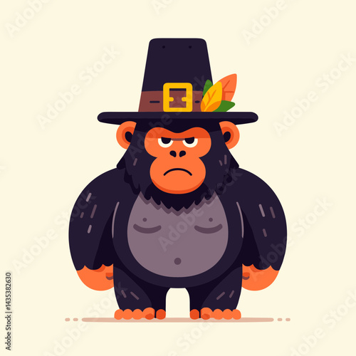 Gorilla wear pilgrim hat in thanksgiving silhouette enjoys the autumn harvest festivities, a truly thankful primate.