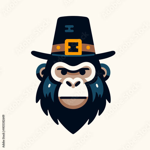 Gorilla wear pilgrim hat in thanksgiving silhouette, a primal thanks for harvest feasts.