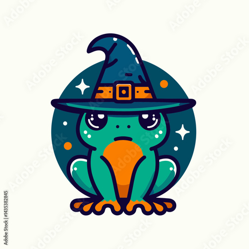 Frog wear witch hat halloween shape; A spooky amphibian celebrates the eve with magic and mystery.