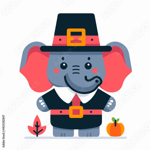 Elephant wear pilgrim hat in thanksgiving silhouette, a jumbo feast day figure for gratitude and harvest.
