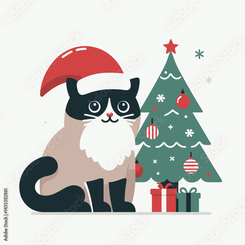 Domestic Shorthair Cat wear santa hat in front of chrismas tree silhouette, capture the festive feline joy with a wintry scene.