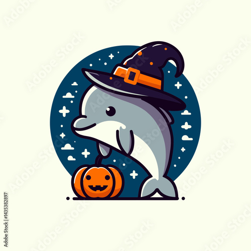 Dolphin wear witch hat halloween silhouette, ocean magic swirls within the dark sea, is it a dream or a bewitched marine apparition?