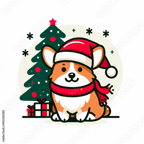 Corgi dog wear santa hat in front of chrismas tree silhouette, festive holiday pup celebrates Yule with glee.