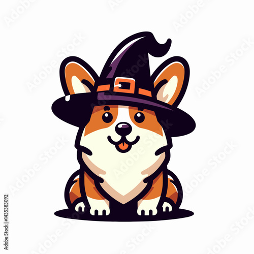 Corgi Dog wear witch hat in halloween silhouette awaits spooky treats in the twilight, a festive canine apparition.
