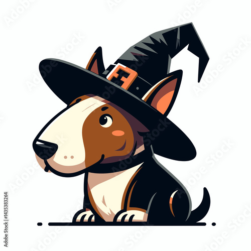 Bull Terrier Dog wears witch hat in halloween silhouette, spooky pup celebrates fall festivity.