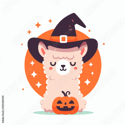Alpaca wear witch hat halloween silhouette, spooky autumn equinox vibes emanate from its cute form.