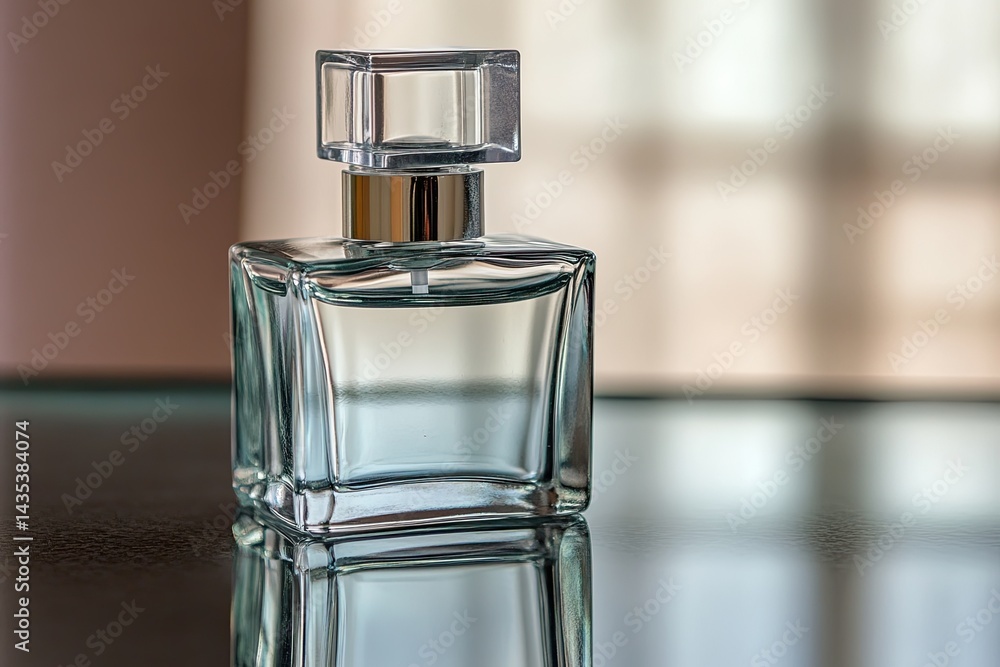 Clear glass perfume bottle, square shape, sits on a reflective surface Soft, diffused light highlights the transparent glass Clear glass perfume bottle, square shape, sits on a reflective surface Soft, diffused light highlights the transparent glass