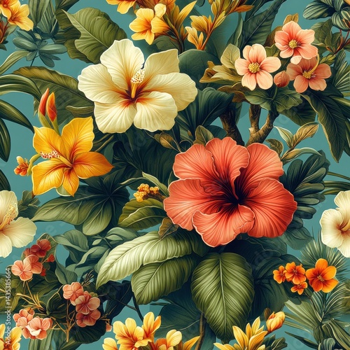 Wallpaper Mural Vibrant floral pattern with tropical blossoms and lush leaves. Torontodigital.ca