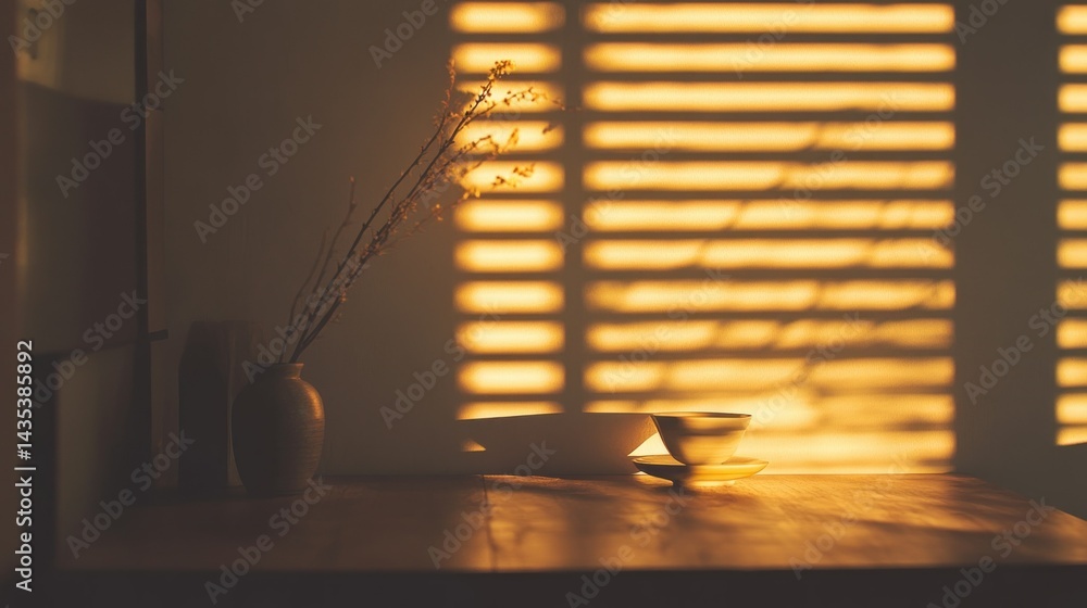Fototapeta premium A still life composition displays warm light with shadows and objects