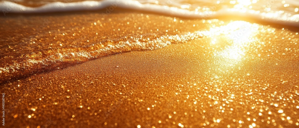 Golden Hour Beach Sparkling Sand and Ocean Waves Golden Hour Beach Sparkling Sand and Ocean Waves