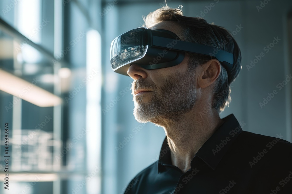 A man wearing a VR headset, immersed in a virtual experience, exploring a digital world. A man wearing a VR headset, immersed in a virtual experience, exploring a digital world.