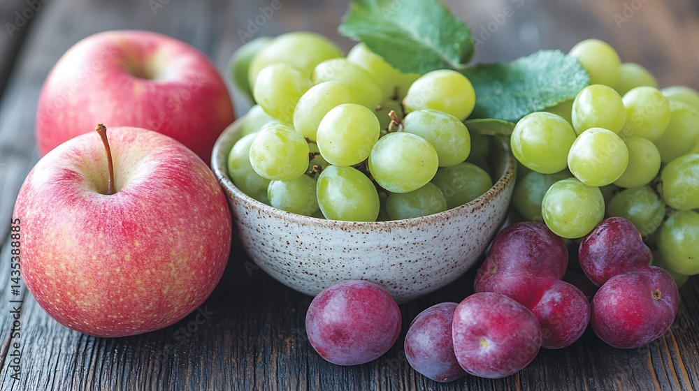 Red apples, green grapes, and red plums on a wooden surface Red apples, green grapes, and red plums on a wooden surface