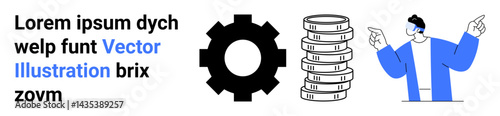 Gear mechanism, coin stack symbolizing money, and person gesturing represent industry, finance, and communication. Ideal for teamwork, innovation, economy, strategy leadership technology simple