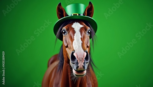 Brown horse wearing a green top hat, isolated on a vibrant green background, celebrating St. Patrick's Day
