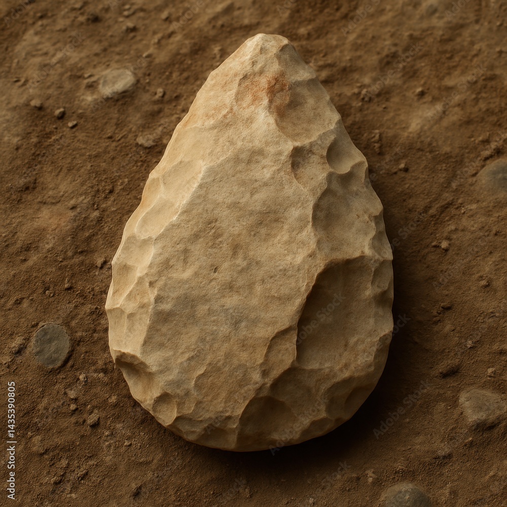Paleolithic hand axe resting on natural earth background. AI-generated