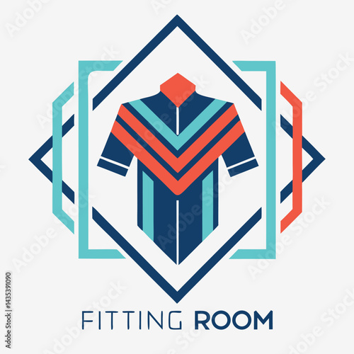 Modern and abstract minimalist logo design for a virtual fitting room that combines geometric shapes with a stylish garment representation