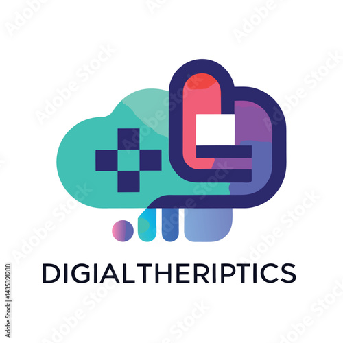 Simple vector logo design for a digital therapeutics platform featuring a colorful cloud and health-related symbols, emphasizing innovation and modern healthcare solutions