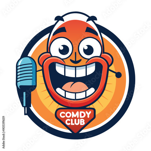 Witty vector logo representing a comedy club featuring a joyful character with a microphone in a vibrant design, showcasing humor and fun in an entertaining environment