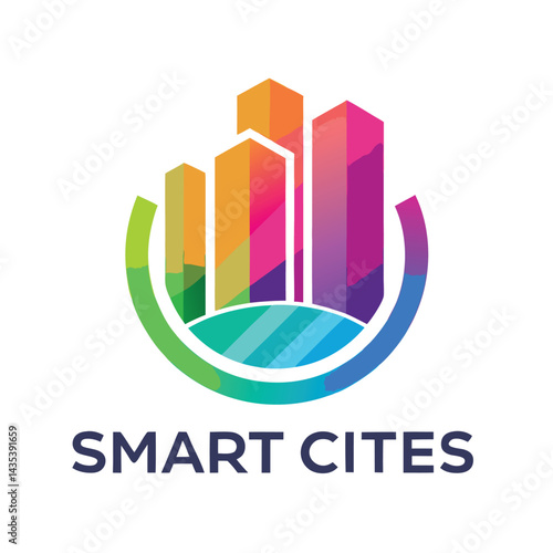 Innovative logo design showcasing smart cities technology with vibrant colors representing urban development and sustainability