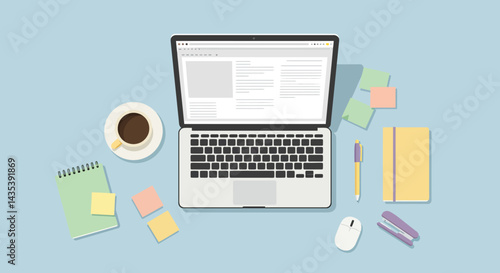 Minimalist Workspace Laptop Coffee Notepad and Pastel Sticky Notes
