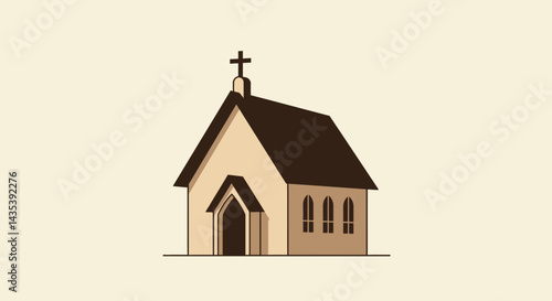 Minimalist Church Illustration with Cross and Brown Accents on Roof and Doorway