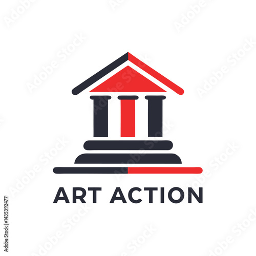 Prestigious minimalist logo design featuring a stylized auction house structure with bold colors and simplified forms, representing a leading venue for art auctions