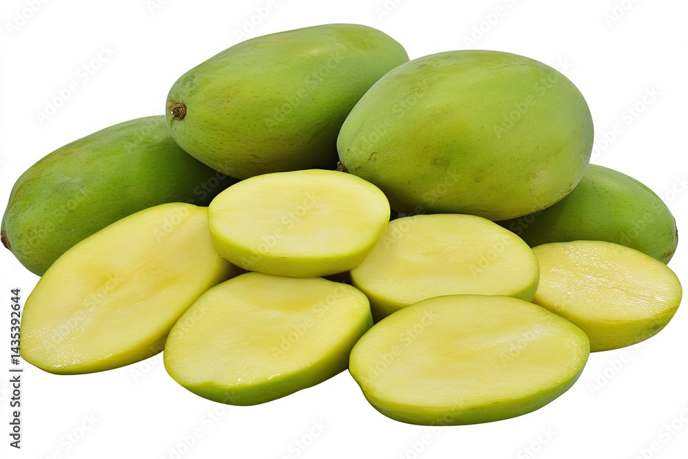 Juicy, ripe mangoes, some sliced, showing vibrant yellow flesh against their green skin Juicy, ripe mangoes, some sliced, showing vibrant yellow flesh against their green skin