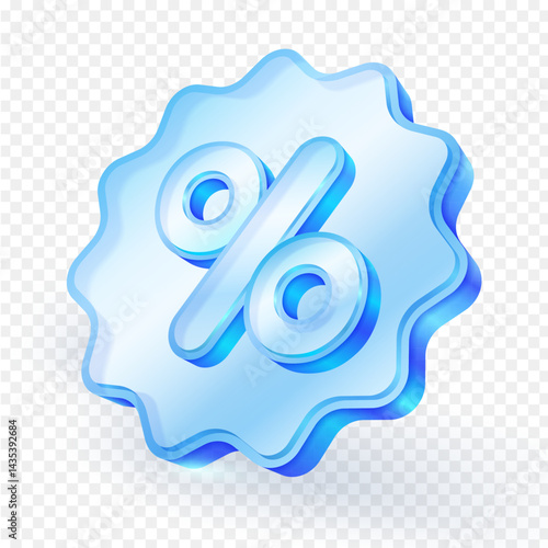 3d icon percentage discount sign in glass blue glossy. This symbol is often used in sales, discounts, promotion and finance topics. Vector illustration.
