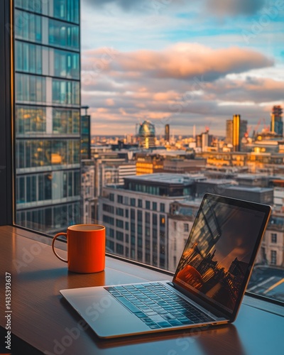 A stunning cityscape view from the office window highlighting a laptop and a coffee mug. Perfect for remote work inspiration and modern workplace aesthetics. Generative AI
