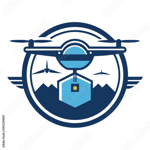 Vector logo representing a drone delivery service featuring a helicopter-style drone above a hexagonal delivery box with stylized mountains in the background
