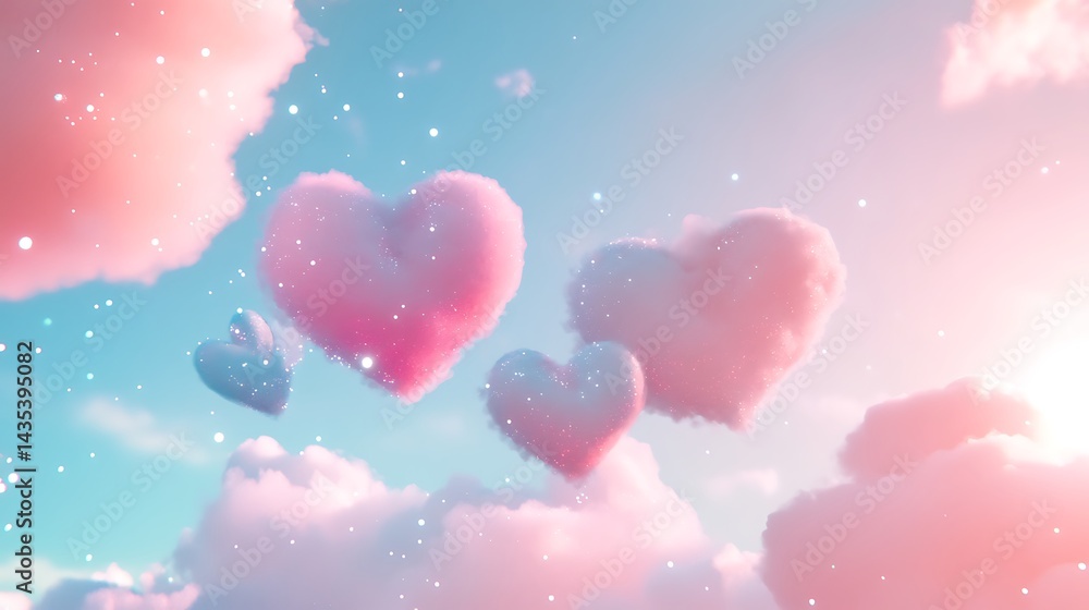 Delicate pink and pastel heart-shaped clouds float in a dreamy sky. Delicate pink and pastel heart-shaped clouds float in a dreamy sky.