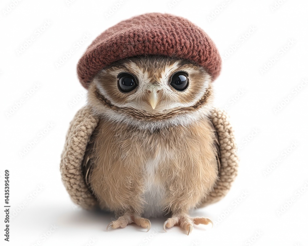 Fototapeta premium Cute owl wearing a knitted hat, posing adorably against a soft background