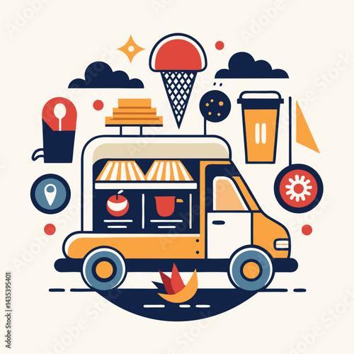 Dynamic minimalist logo design showcasing a food truck with mobile elements for a street food business featuring ice cream and beverages