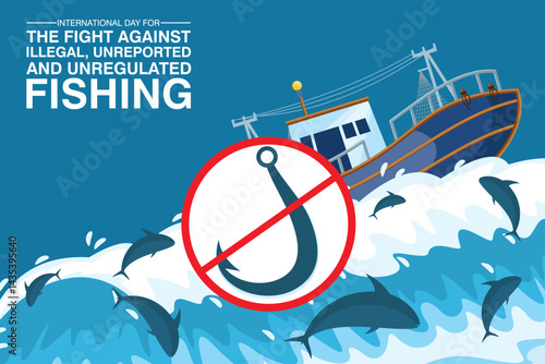 Stop illegal fishing. Vector illustration of fish caught in a large fishing net in the ocean, symbolizing global awareness to end illegal, unreported, and unregulated fishing activities.