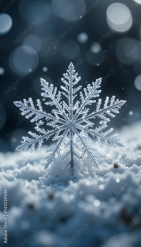 Single Snowflake Close-up on Snowy Background Winter Season Single Snowflake Close-up on Snowy Background Winter Season
