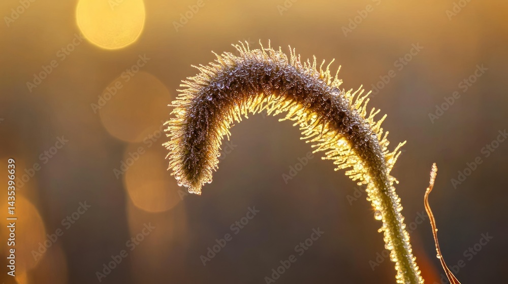 Fototapeta premium A Curved Plant Covered In Frost With Warm Golden Light