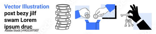 Stacked coins, hand inserting coins into a box, hand holding a keyring with multiple keys. Ideal for finance, digital transactions, security, savings, investments, commerce simple landing page