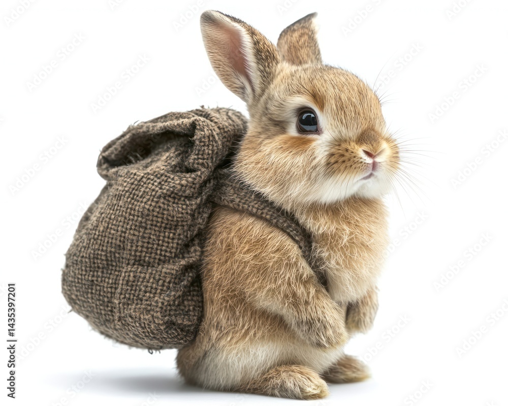 Obraz premium Cute rabbit with a backpack standing upright against a plain background