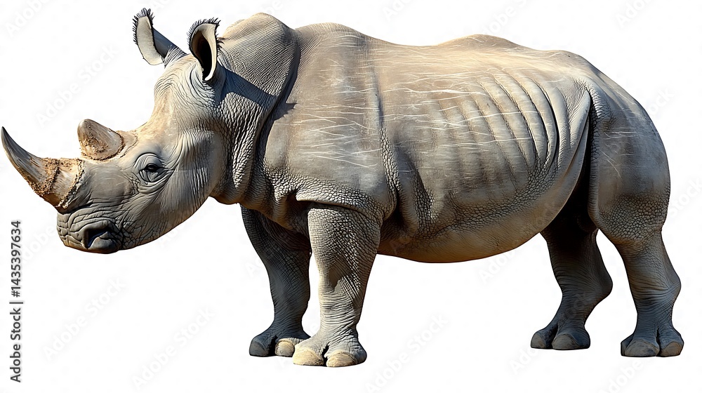 Obraz premium A large grey rhinoceros, standing on a white background