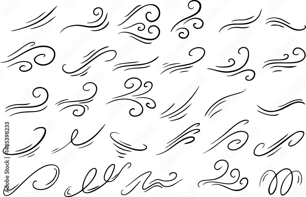 Fototapeta premium Wind wave line icons in abstract style. Elegant swirl shapes symbolizing air, motion and flow.