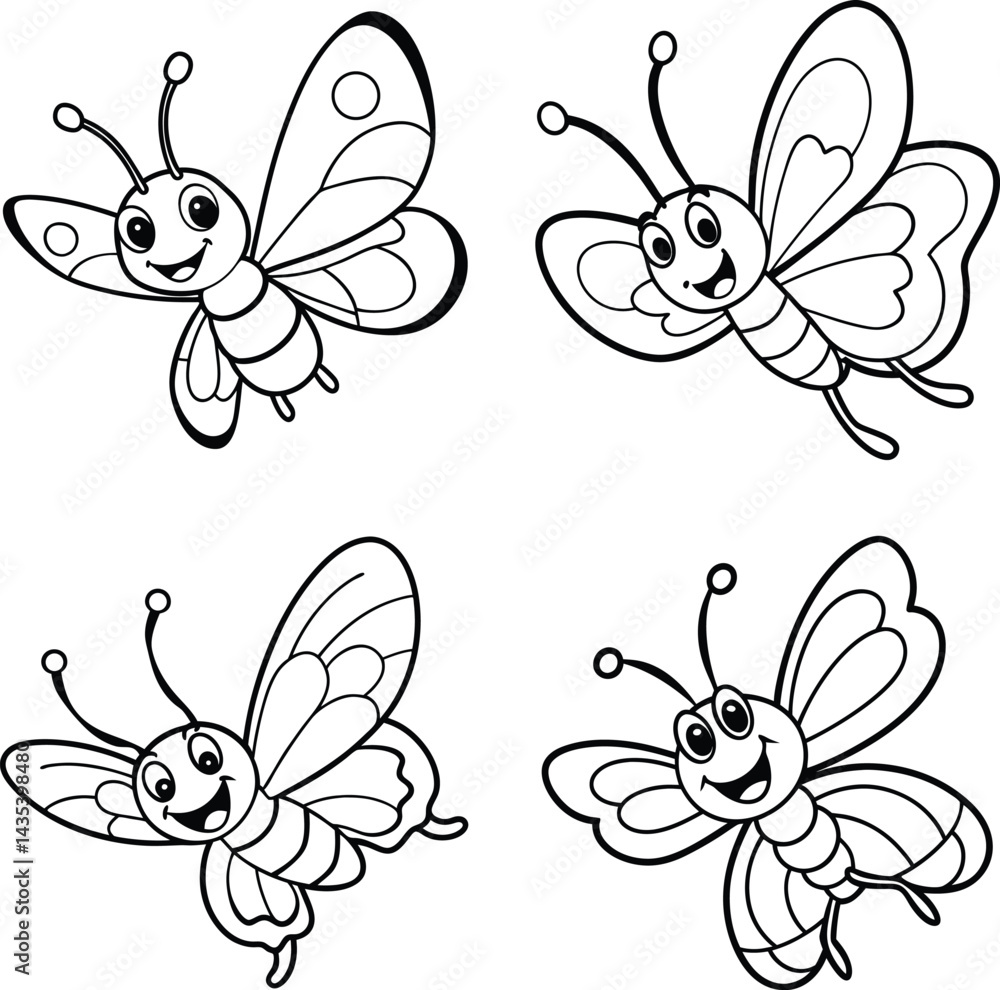 Cartoon butterfly collection black and white line art illustration for coloring pages Cartoon butterfly collection black and white line art illustration for coloring pages