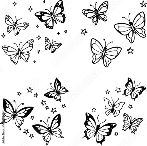 Black and white butterfly pattern with stars outline elegant decorative elements