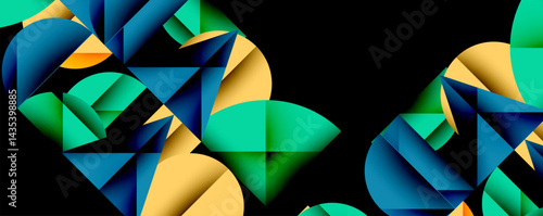 Abstract geometric shapes overlap, creating vibrant color contrasts against dark background. Modern design elements present dynamic composition.