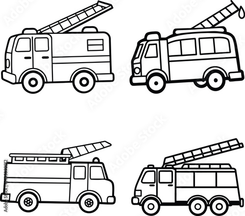 Firetruck line art collection outlined fire engine clip art set