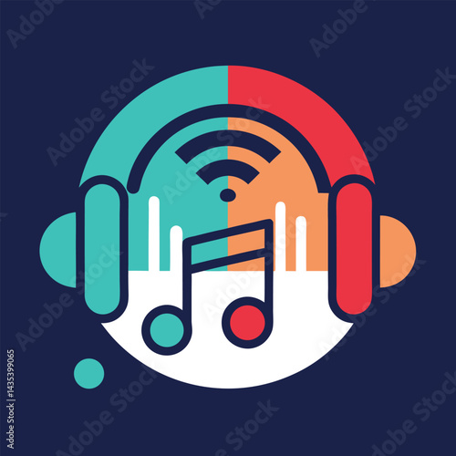 Digital minimalist logo design representing a music streaming service with headphones, musical notes, and wireless symbol in vibrant colors on a dark background