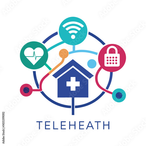 Modern minimalist logo design for a telehealth service showcasing connectivity, health monitoring, and privacy features effectively in a cohesive visual style