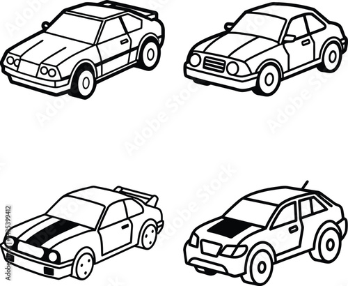 Line art collection of isometric car icons vintage automotive designs