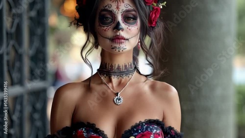 Woman with a skeleton face and a flower headdress. She is wearing a necklace and a dress