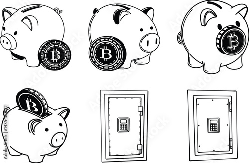 Piggy banks and safes illustrating bitcoin cryptocurrency savings and investment security